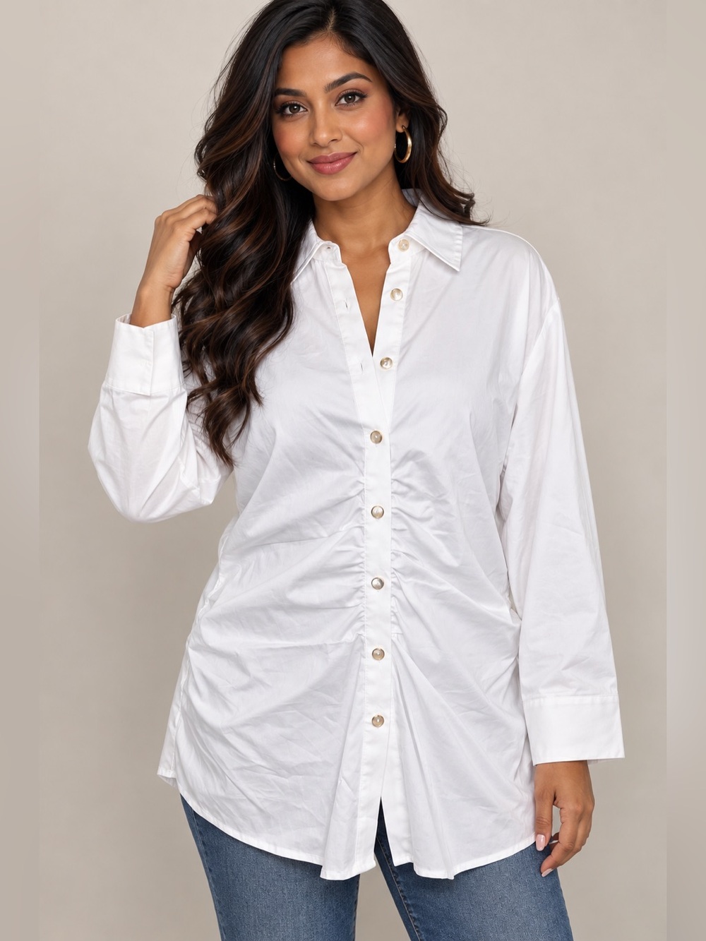 Cache White Button-Front Women’s Shirt with Front Ruching